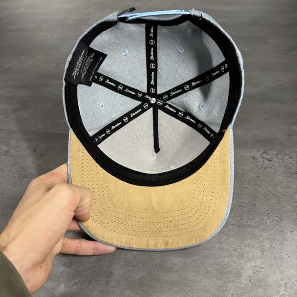 Black Ski Snapback Hat Blue Denim Chambray Brown Suede Trucker Gorpcore Cap - Picture 7 of 8